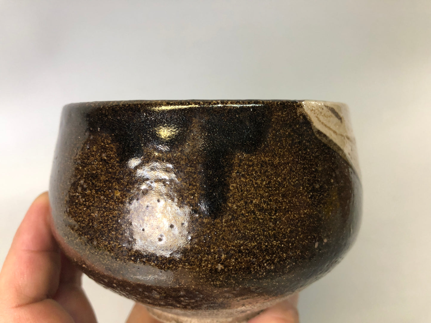 Y7524 CHAWAN Oribe-ware black bowl kintsugi boxx Japan antique tea ceremony cup