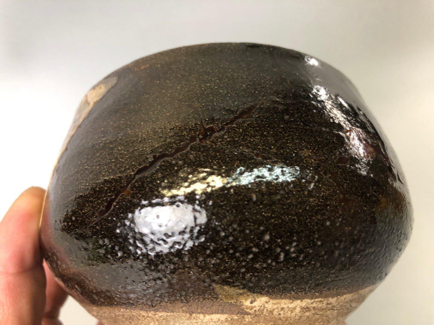 Y7524 CHAWAN Oribe-ware black bowl kintsugi boxx Japan antique tea ceremony cup
