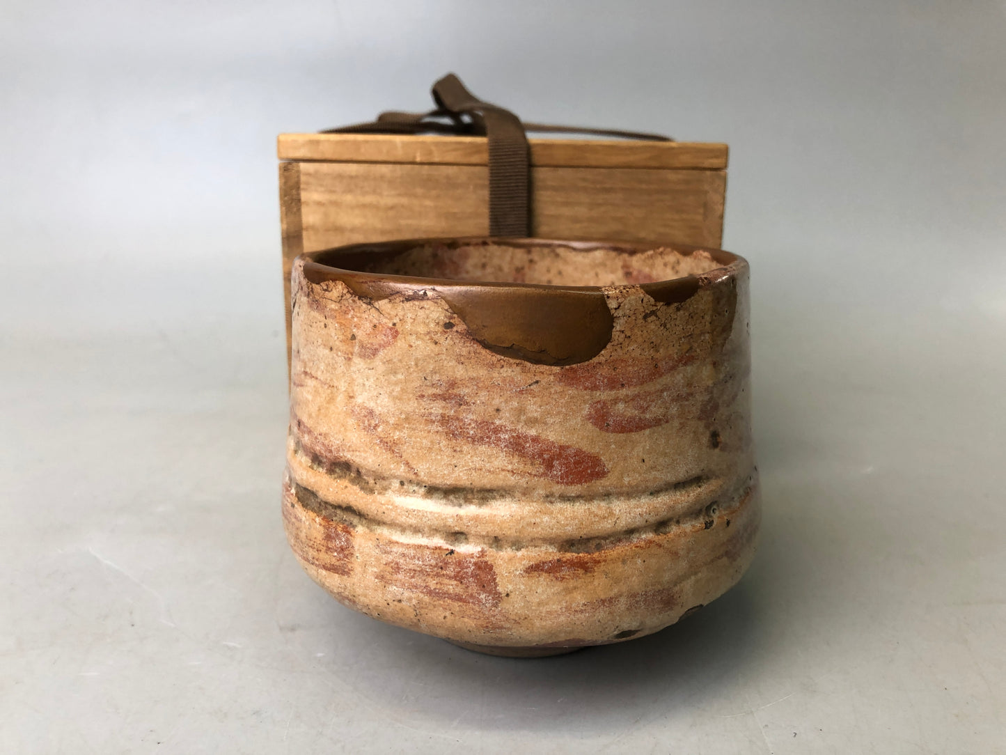 Y7529 CHAWAN Raku-ware red tube signed box kintsugi Japan antique tea ceremony
