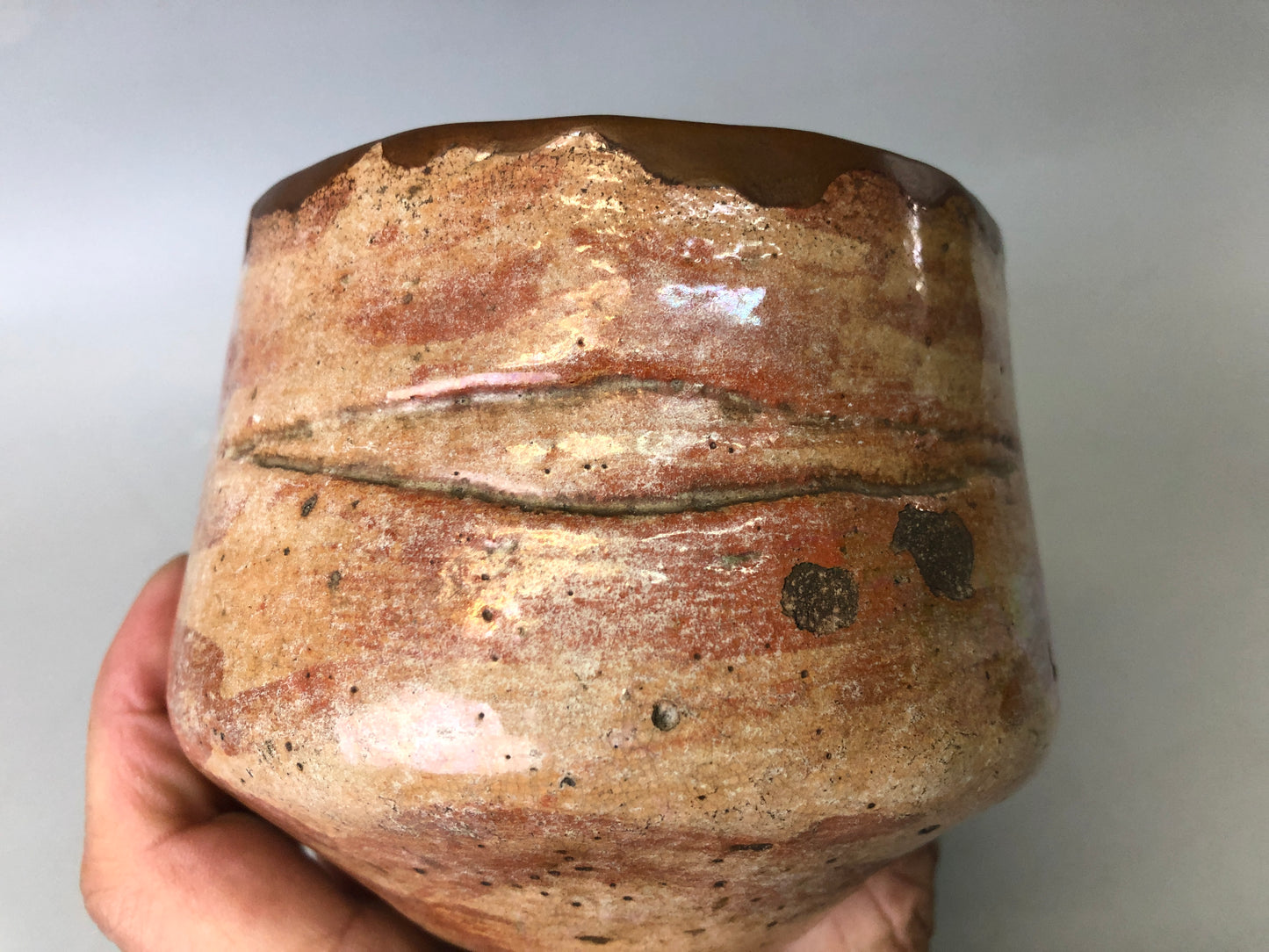 Y7529 CHAWAN Raku-ware red tube signed box kintsugi Japan antique tea ceremony