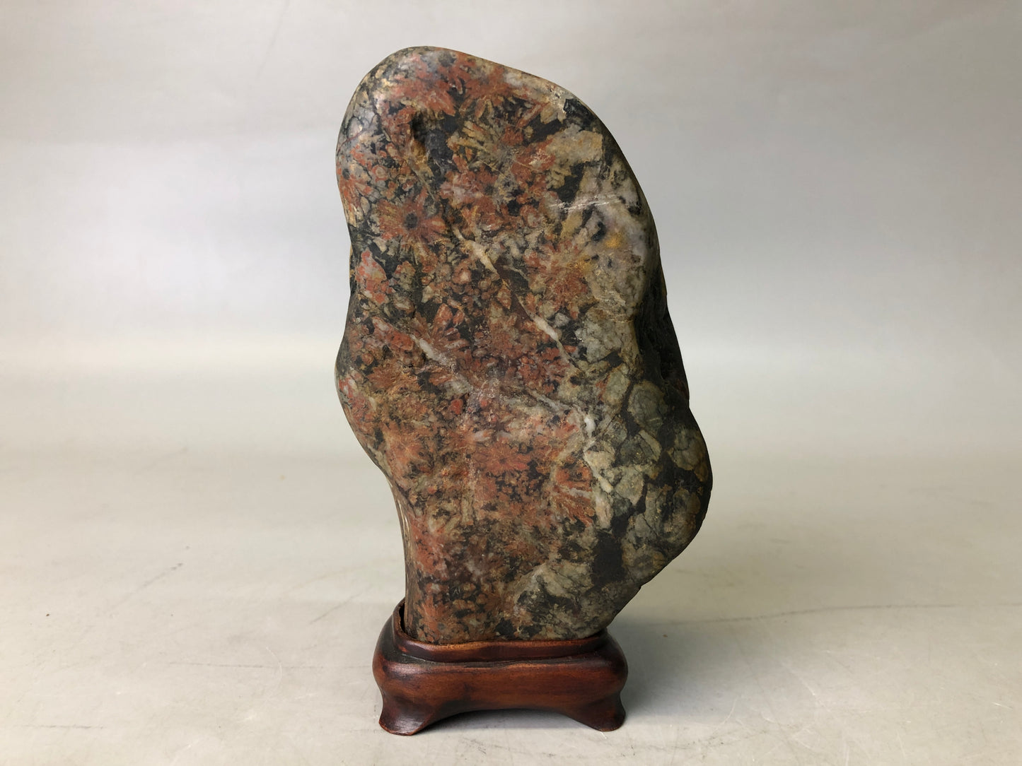 Y7717 OKIMONO Chrysanthemum stone wood stand signed Japan antique decor interior
