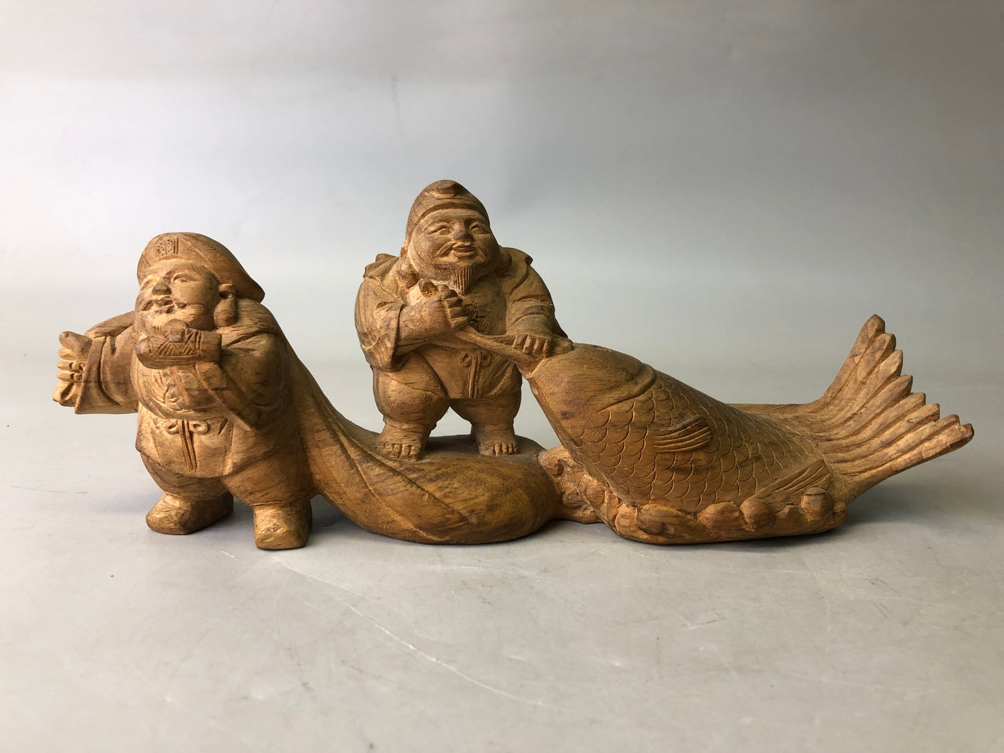 Y7746 STATUE wood carving Ebisu Daikoku figurine Japan antique Buddhist figure