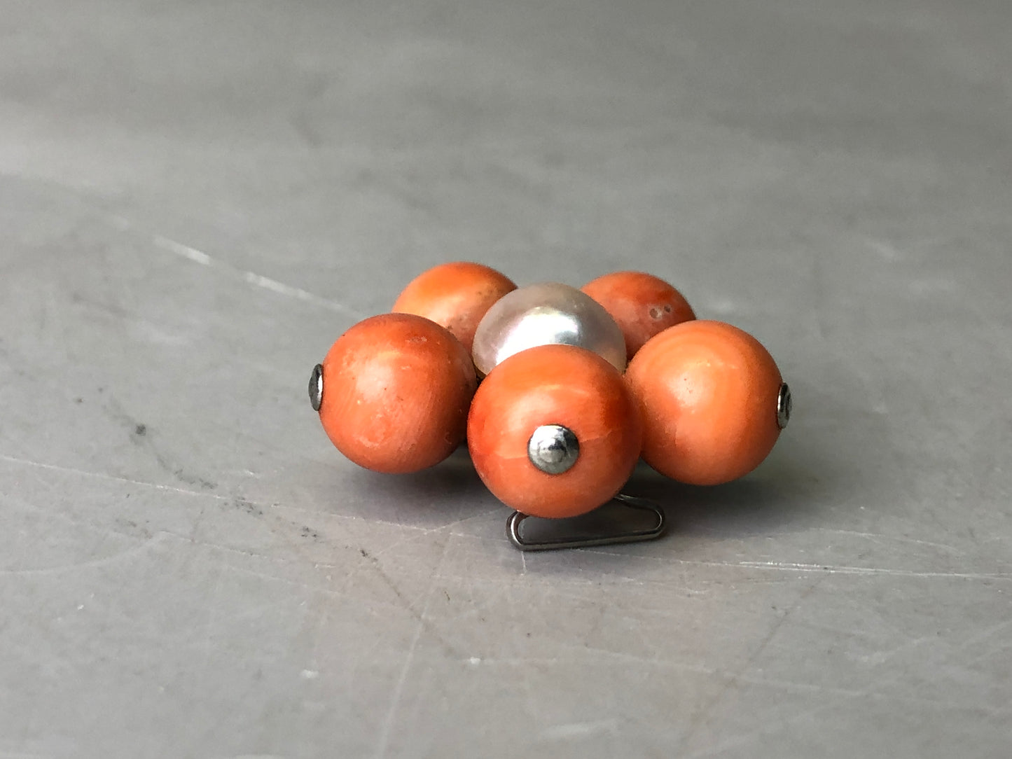 Y7758 OBIDOME Sash clip brooch real Coral pearl Japan antique kimono accessory