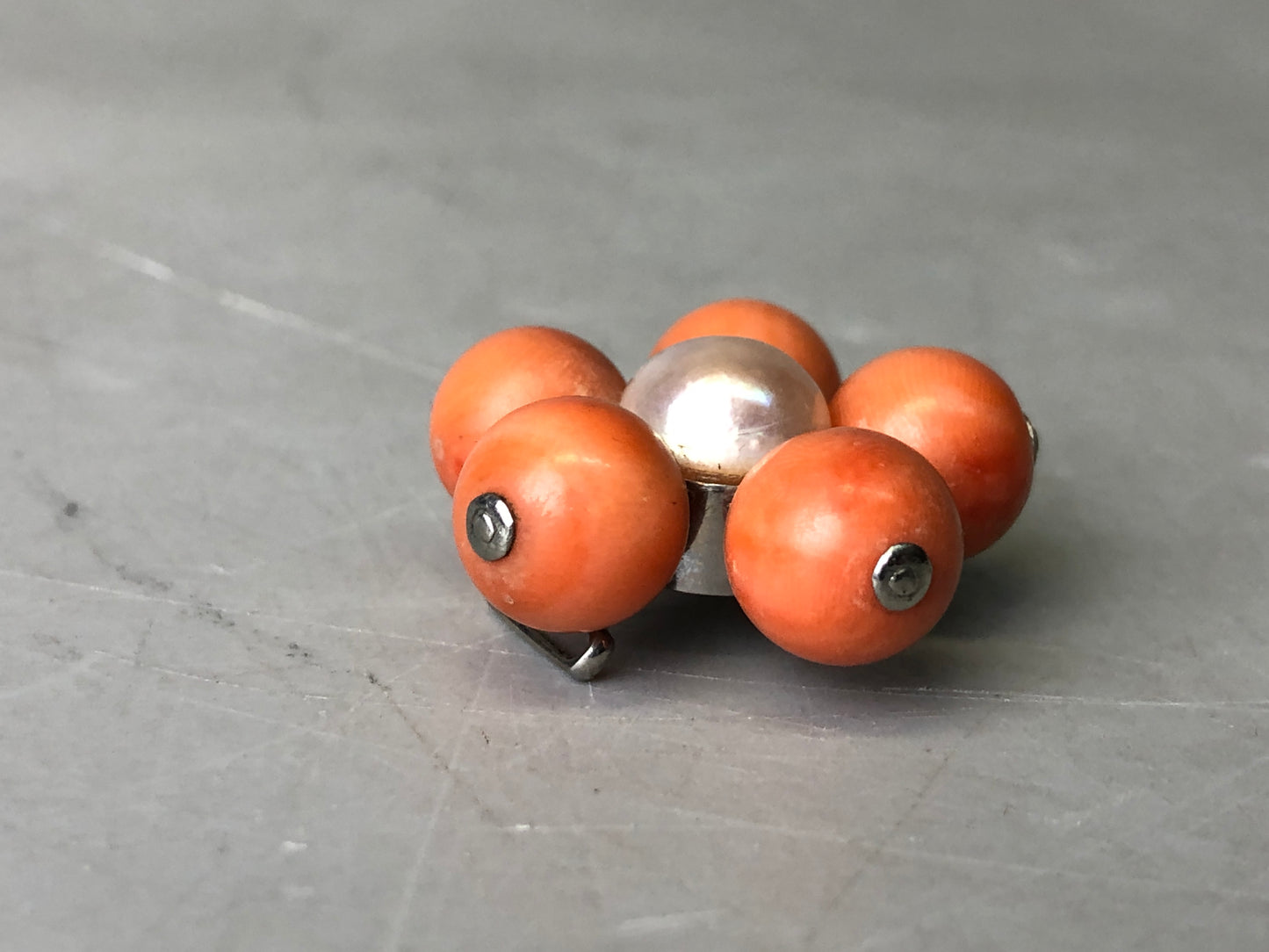 Y7758 OBIDOME Sash clip brooch real Coral pearl Japan antique kimono accessory