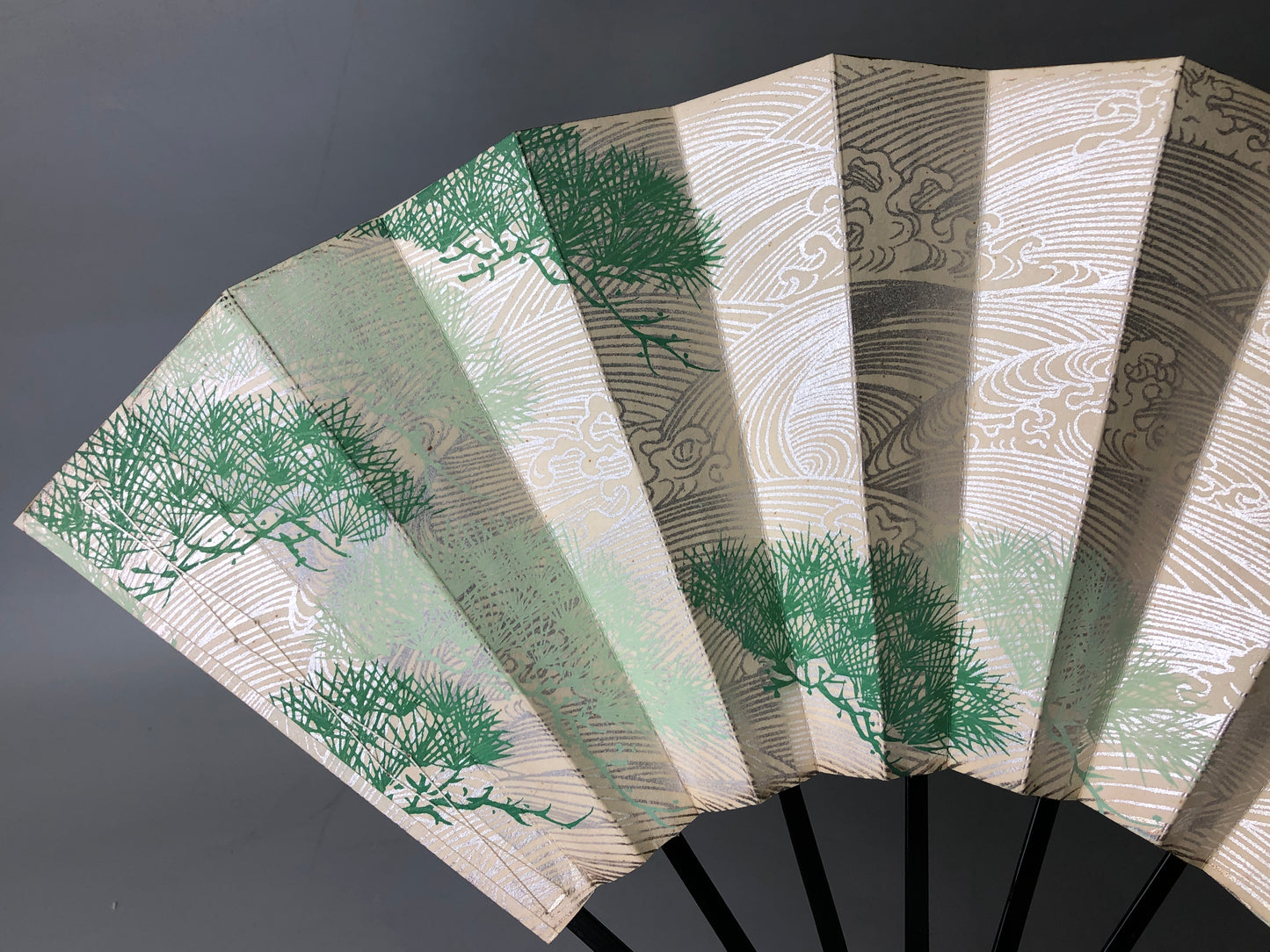 Y7838 SENSU Folding paper fan wave pattern pine bag Japan antique kimono