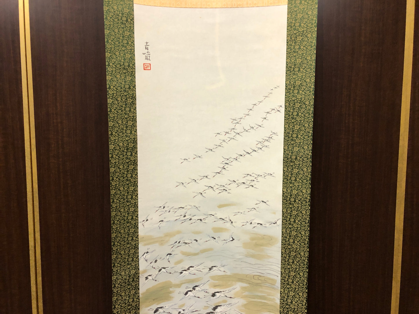 Y7845 KAKEJIKU Flock of cranes signed box Japan antique hanging scroll art decor