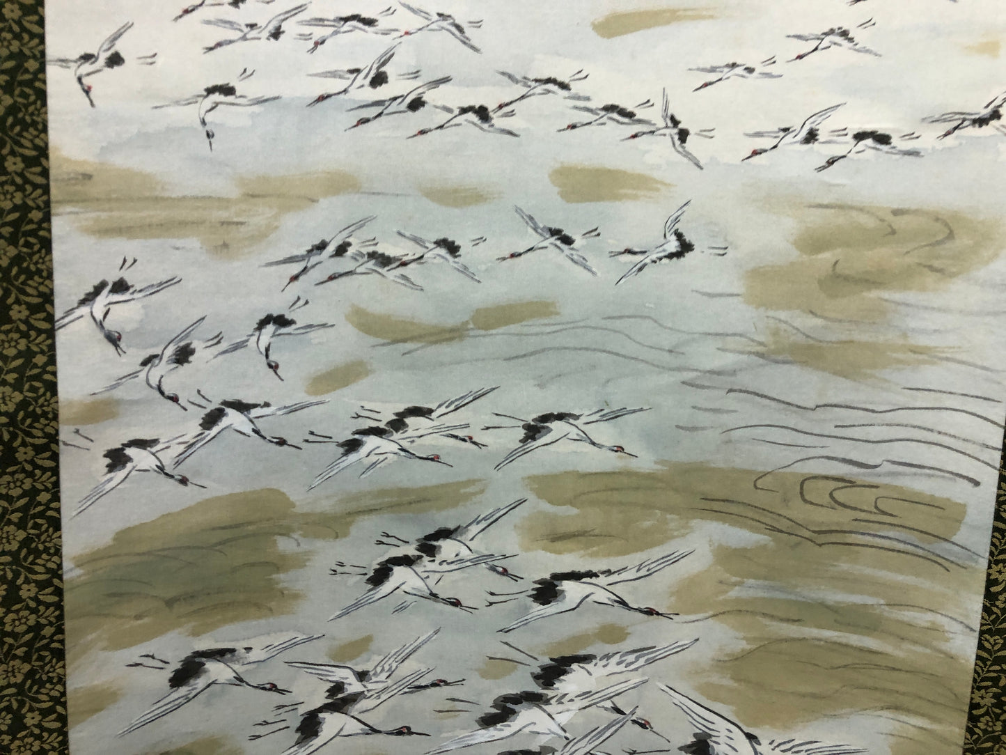 Y7845 KAKEJIKU Flock of cranes signed box Japan antique hanging scroll art decor