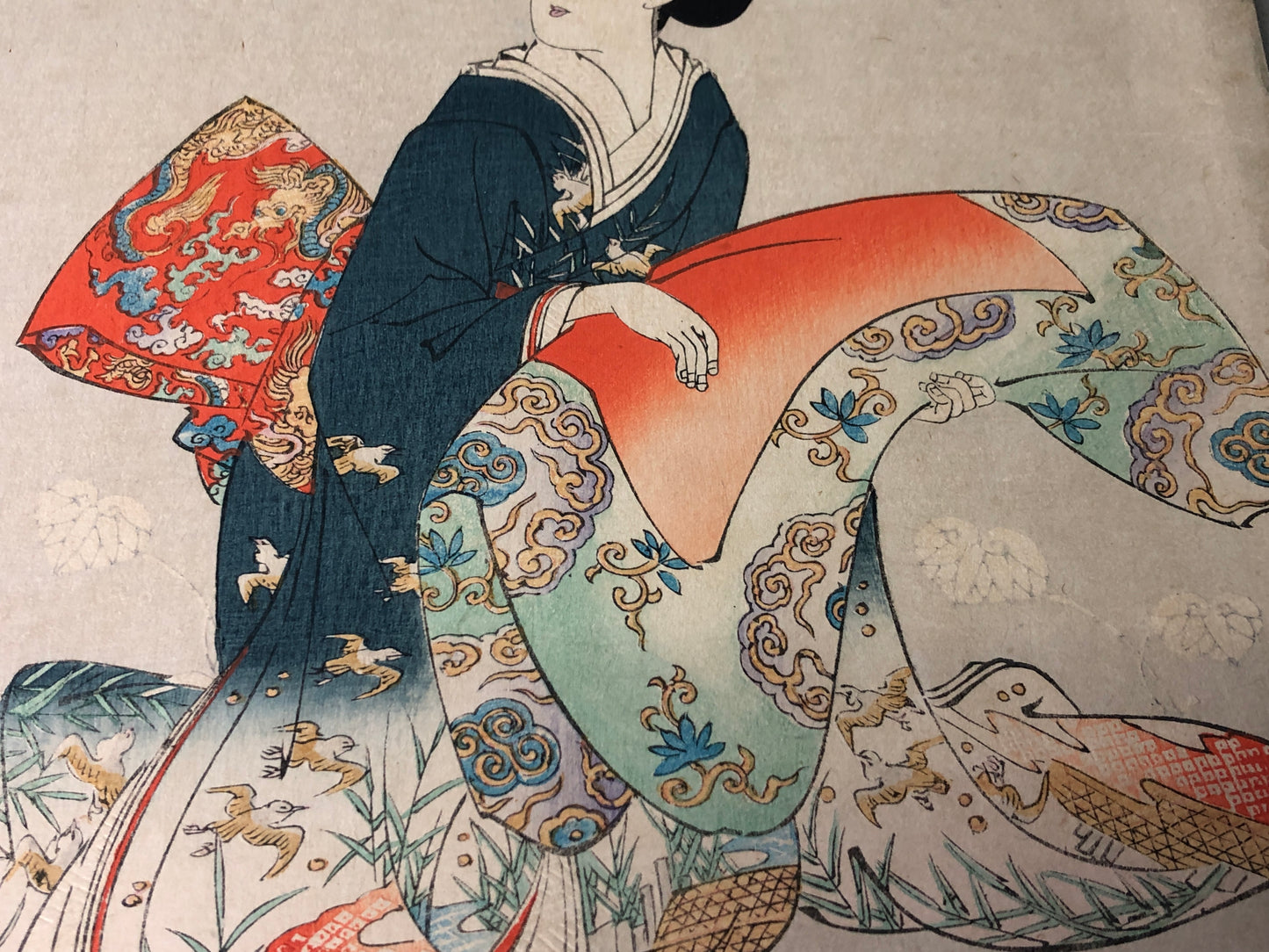 Y7855 WOODBLOCK PRINT Chikanobu triptych beautiful woman Japan Ukiyoe antique