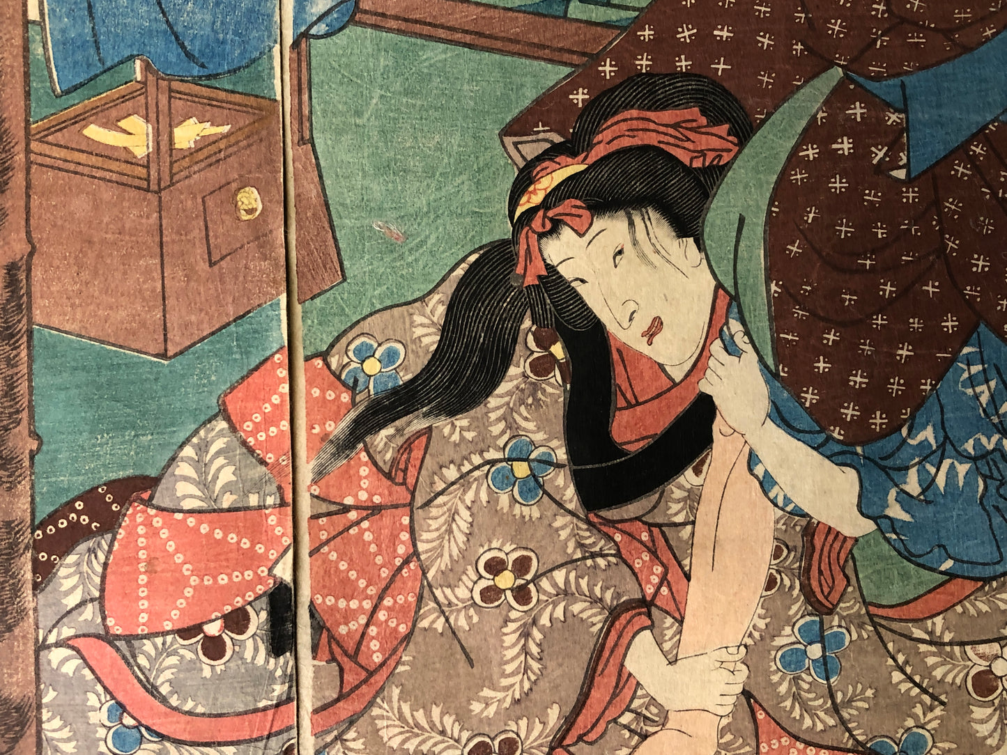 Y7915 WOODBLOCK PRINT Toyokuni Old woman diptych Japan Ukiyoe antique art decor
