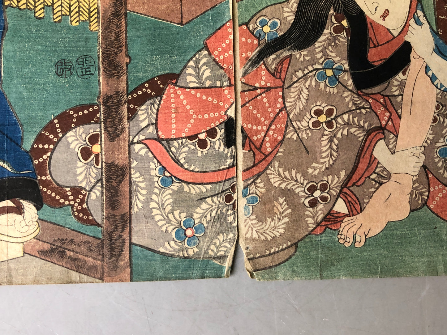 Y7915 WOODBLOCK PRINT Toyokuni Old woman diptych Japan Ukiyoe antique art decor