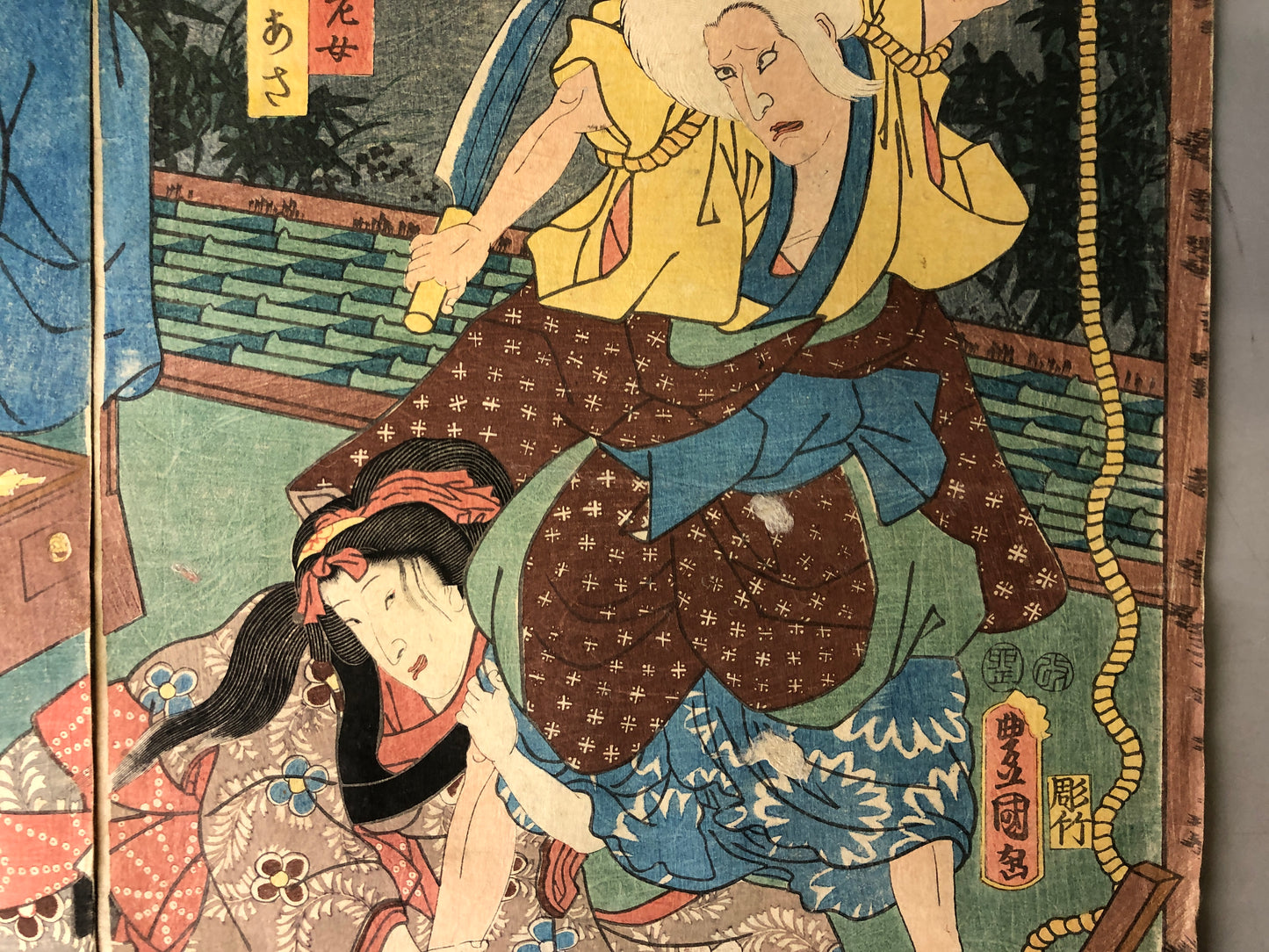 Y7915 WOODBLOCK PRINT Toyokuni Old woman diptych Japan Ukiyoe antique art decor