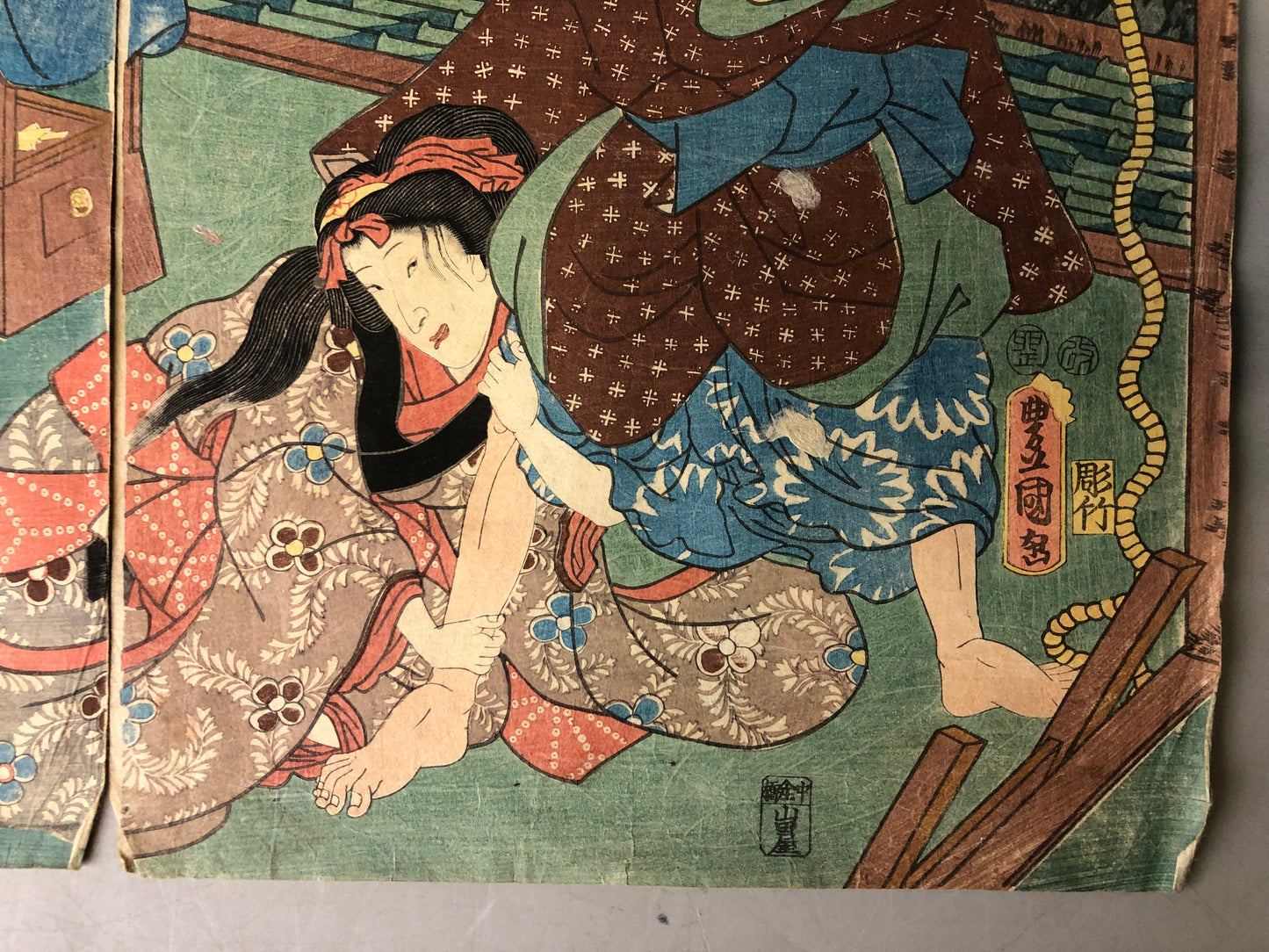 Y7915 WOODBLOCK PRINT Toyokuni Old woman diptych Japan Ukiyoe antique art decor