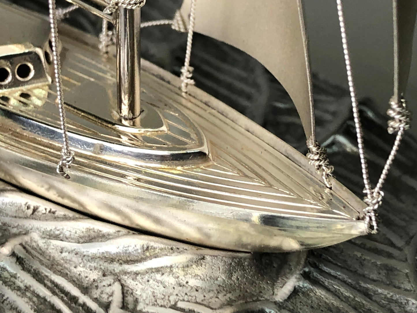 Y7931 OKIMONO Silver Yacht figure glass case signed Japan antique interior decor