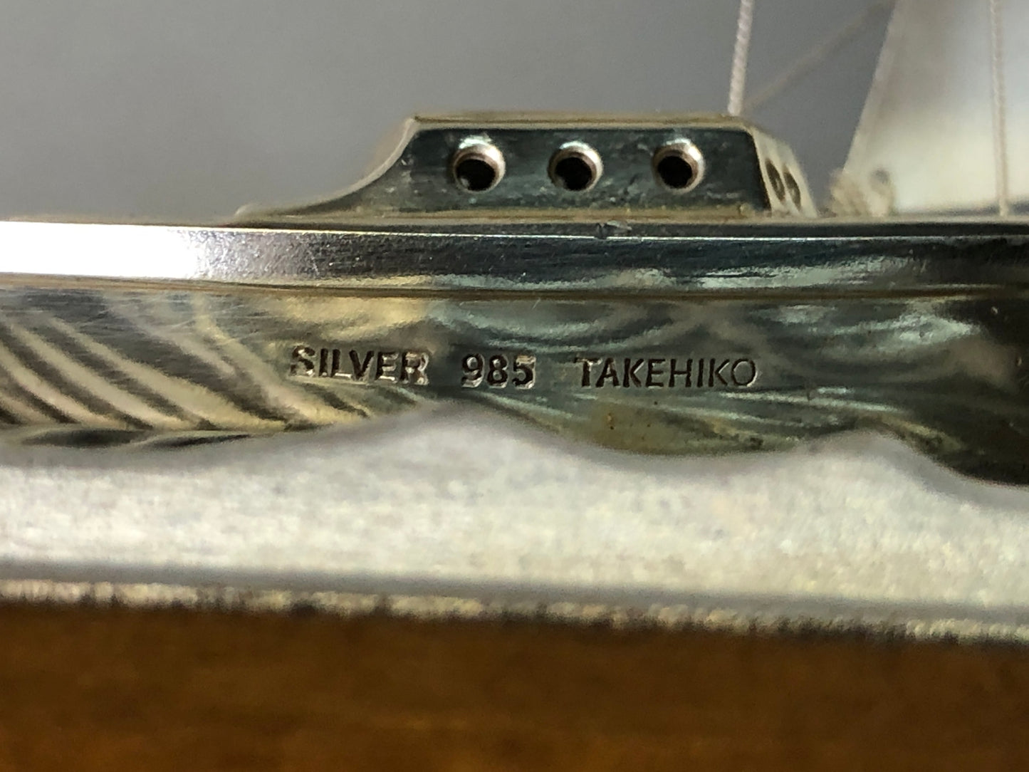 Y7931 OKIMONO Silver Yacht figure glass case signed Japan antique interior decor