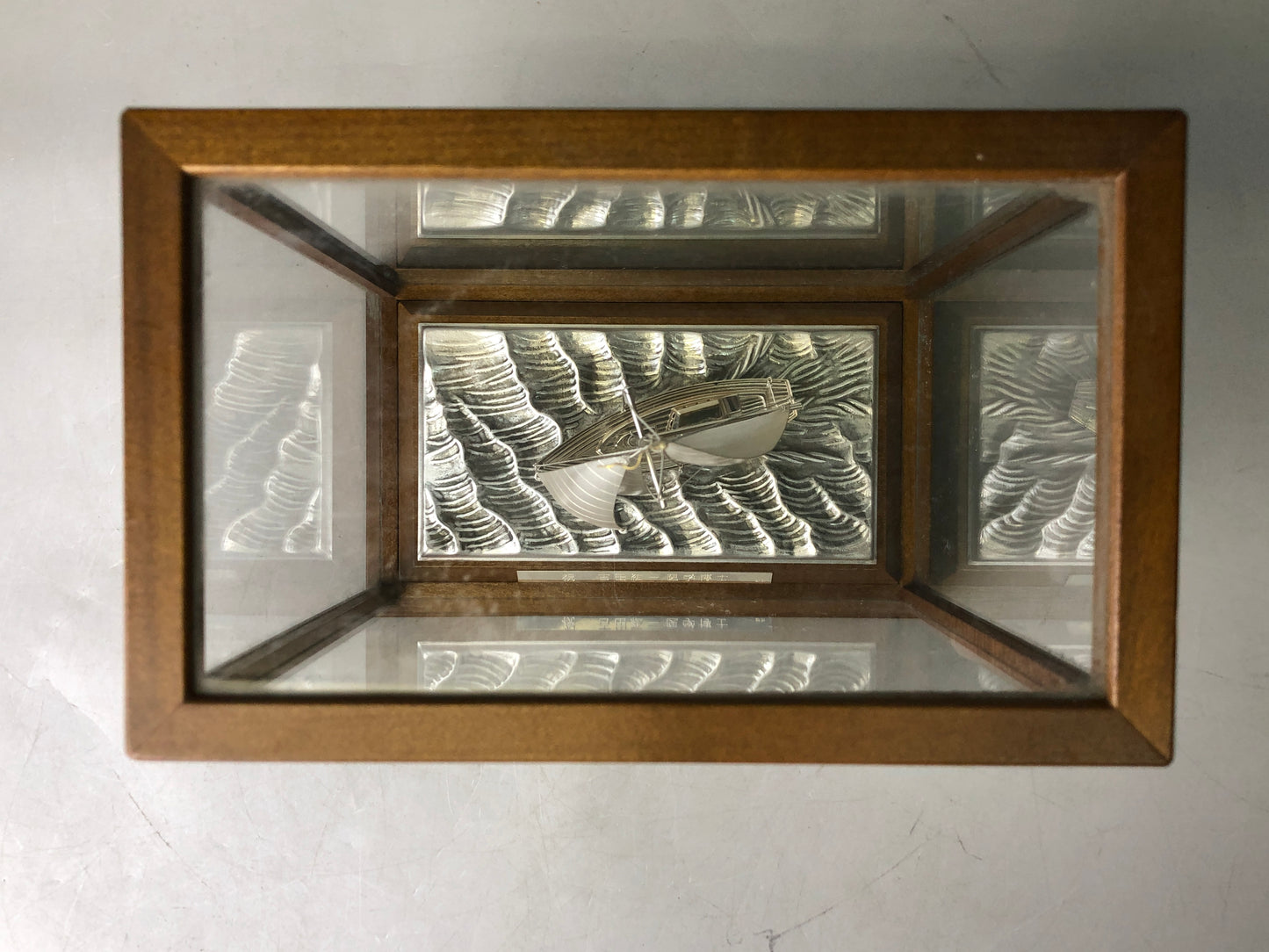 Y7931 OKIMONO Silver Yacht figure glass case signed Japan antique interior decor