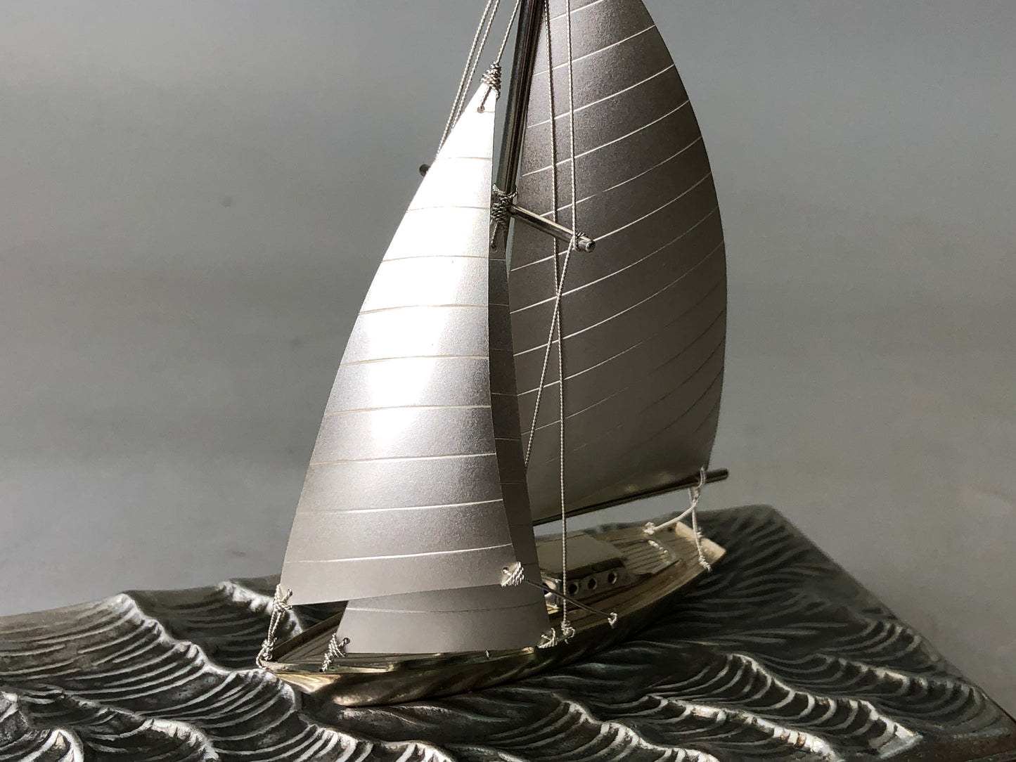 Y7931 OKIMONO Silver Yacht figure glass case signed Japan antique interior decor