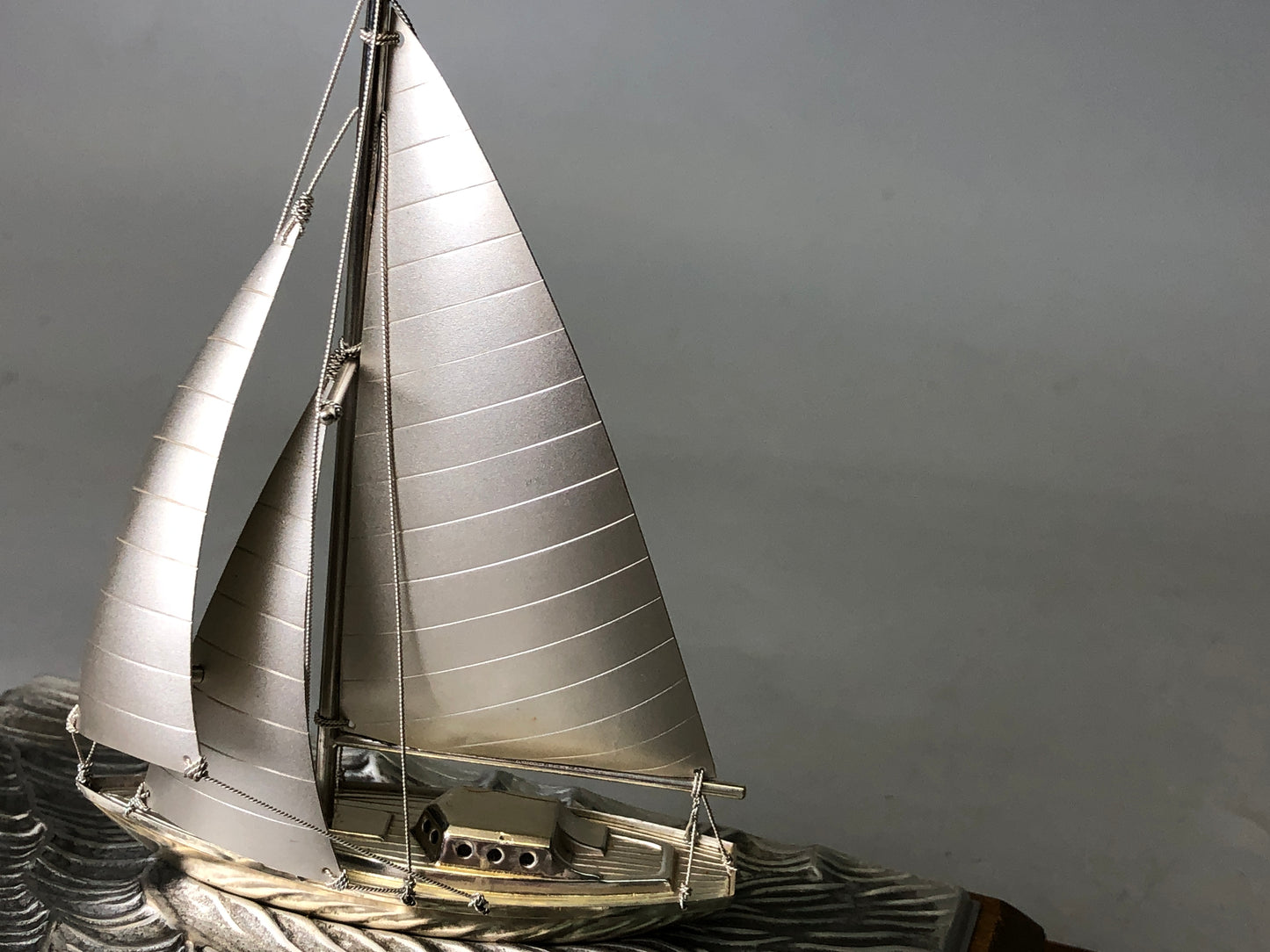 Y7931 OKIMONO Silver Yacht figure glass case signed Japan antique interior decor