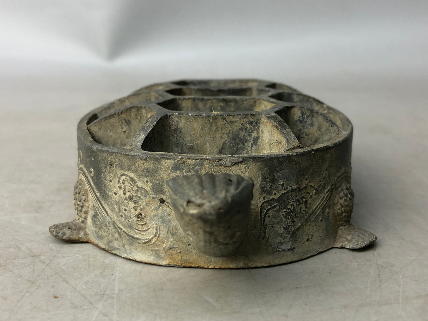 Y8037 KENZAN metal Turtle floral frog flower Japan antique ikebana kabin vase