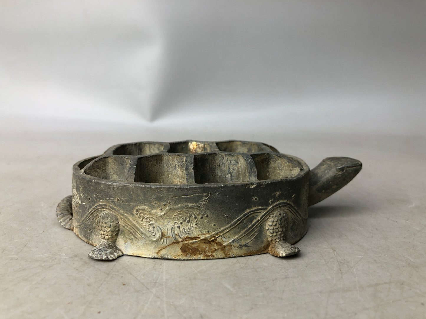 Y8037 KENZAN metal Turtle floral frog flower Japan antique ikebana kabin vase
