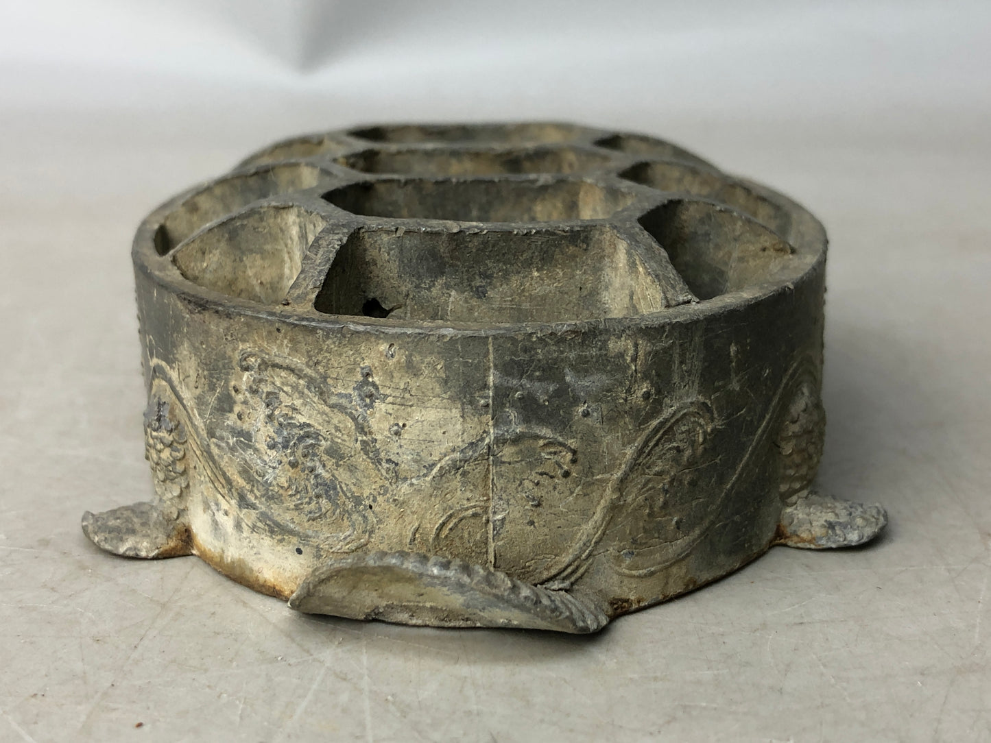 Y8037 KENZAN metal Turtle floral frog flower Japan antique ikebana kabin vase