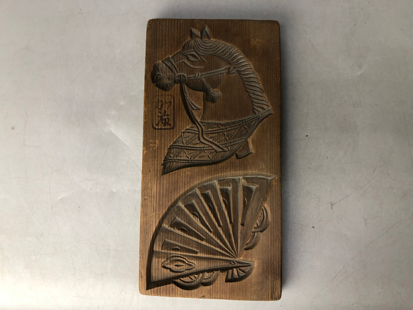 Y8043 KASHIGATA double-sided signed Japan antique Wooden Pastry Mold wagashi