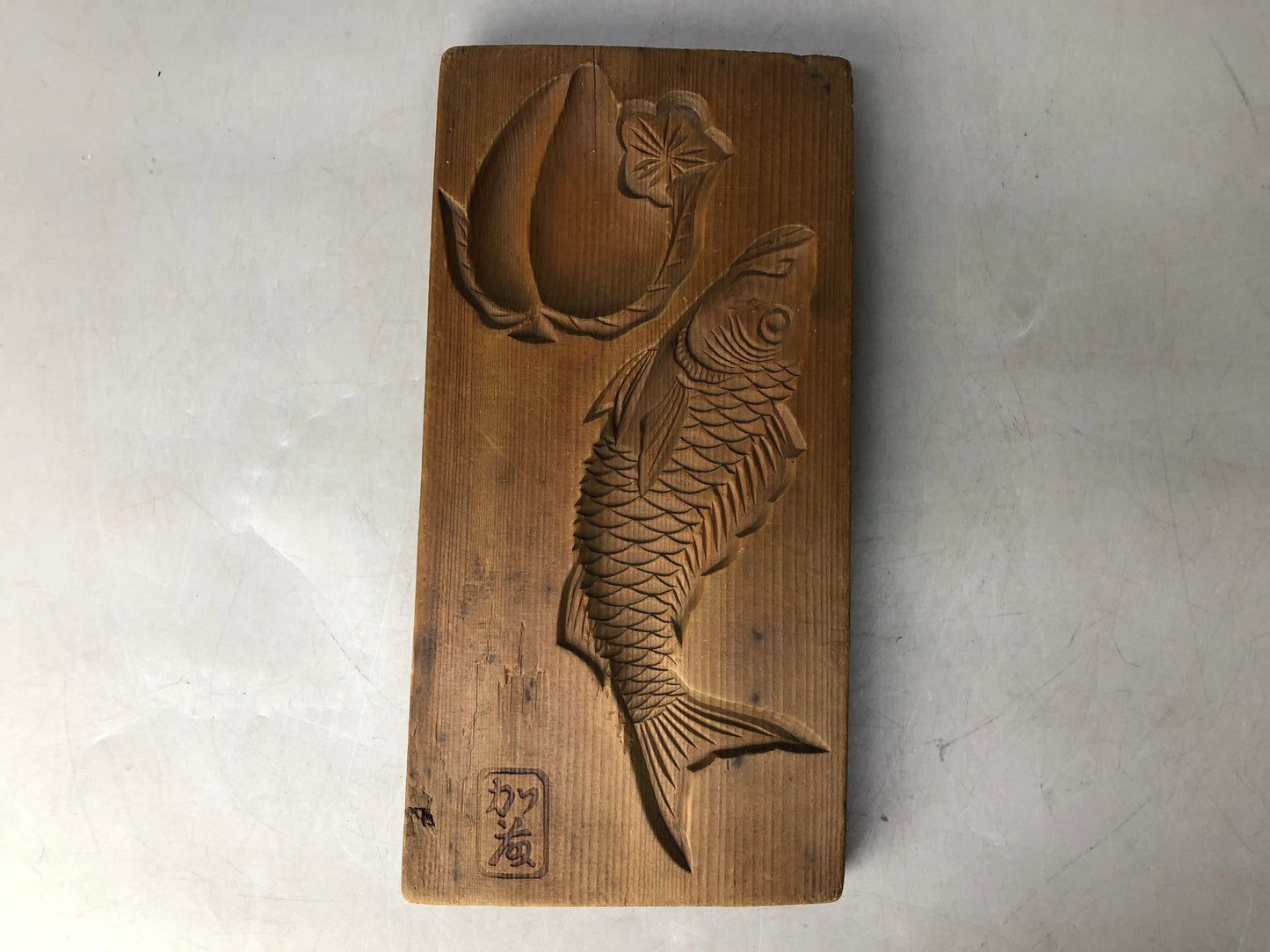 Y8043 KASHIGATA double-sided signed Japan antique Wooden Pastry Mold wagashi