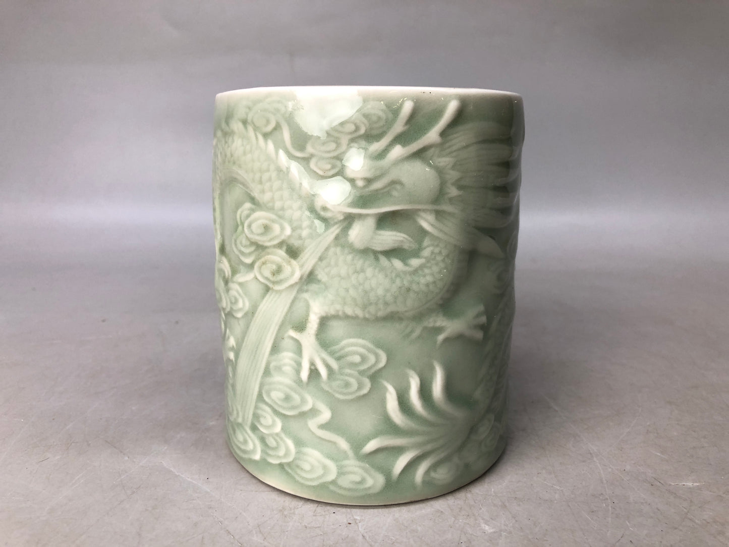 Y8051 MIZUSASHI Celadon brush holder stationery Dragon Japan antique container