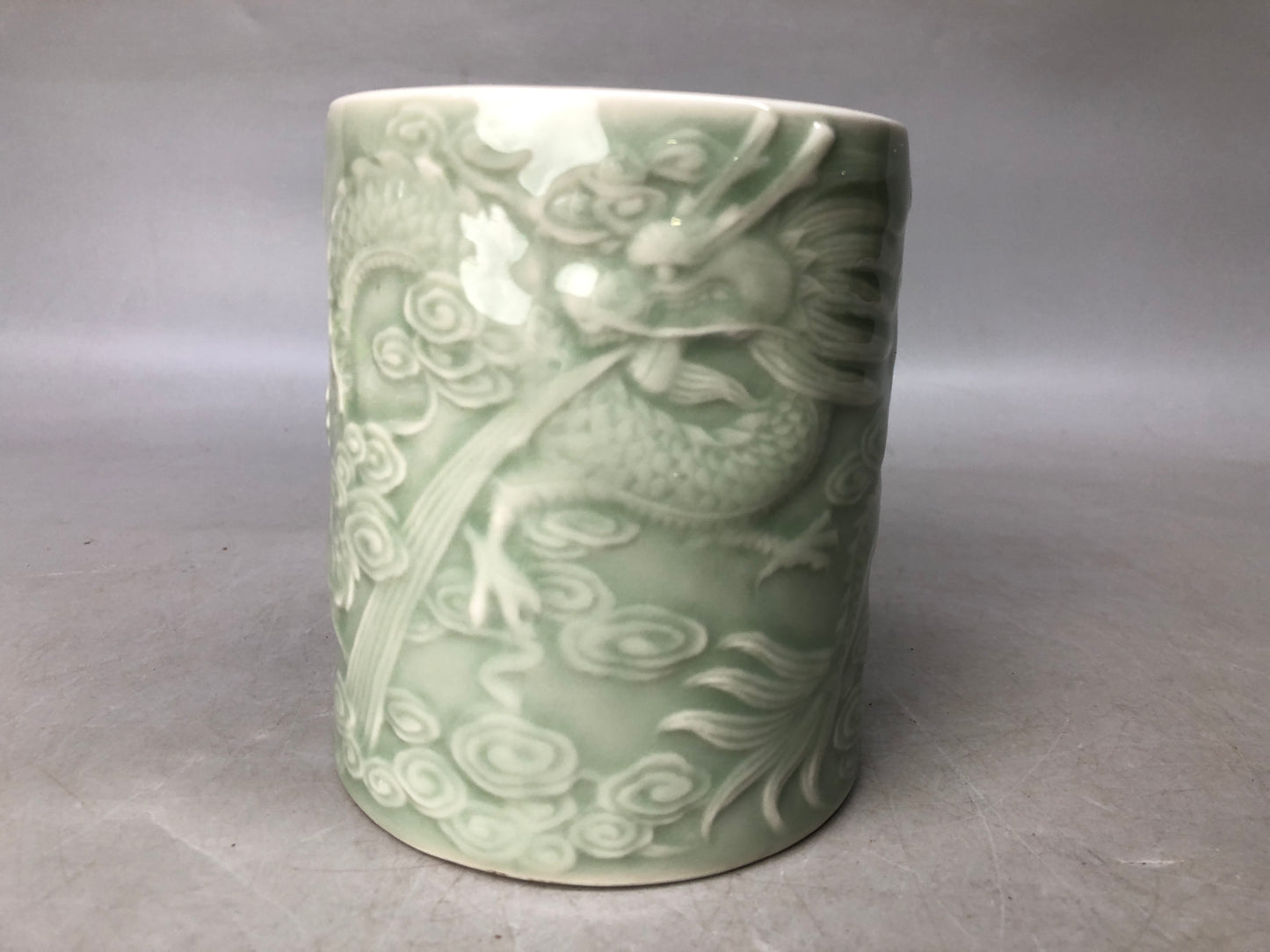 Y8051 MIZUSASHI Celadon brush holder stationery Dragon Japan antique container