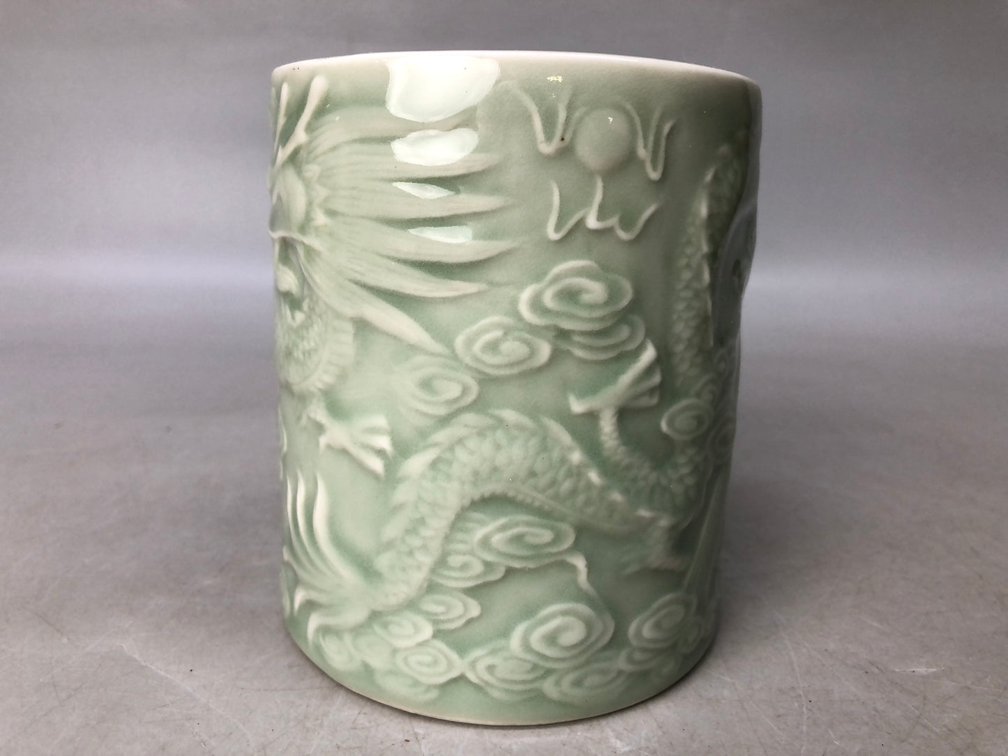 Y8051 MIZUSASHI Celadon brush holder stationery Dragon Japan antique container