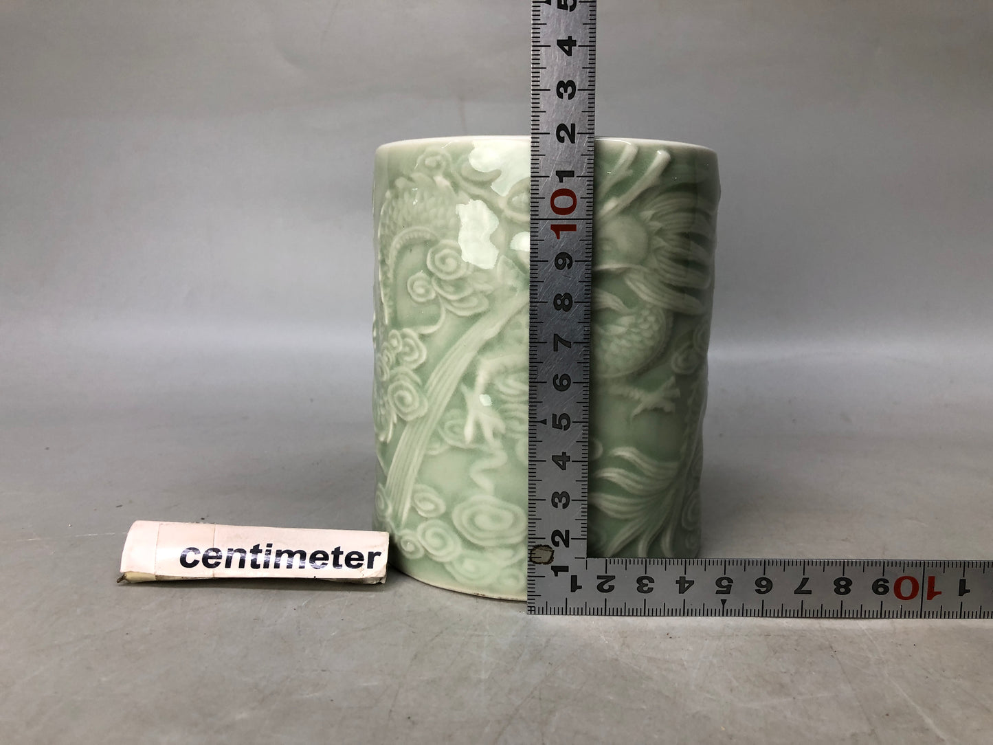 Y8051 MIZUSASHI Celadon brush holder stationery Dragon Japan antique container