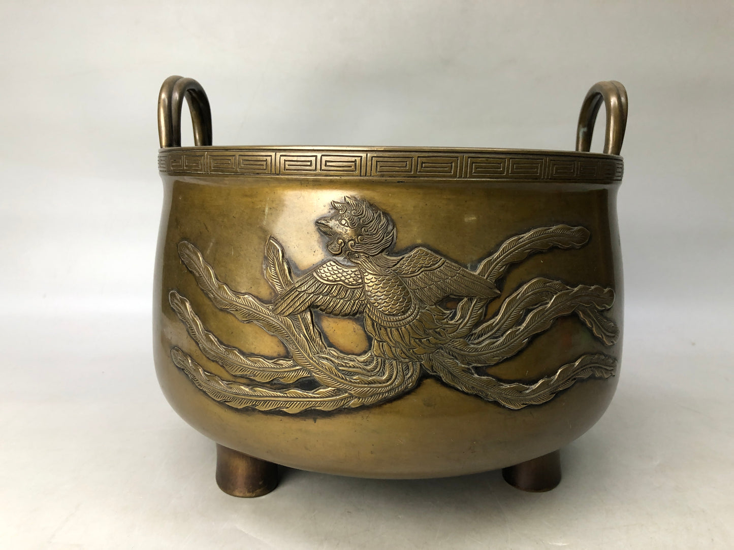Y8062 HIBACHI Copper charcoal brazier handle Phoenix Japan antique interior