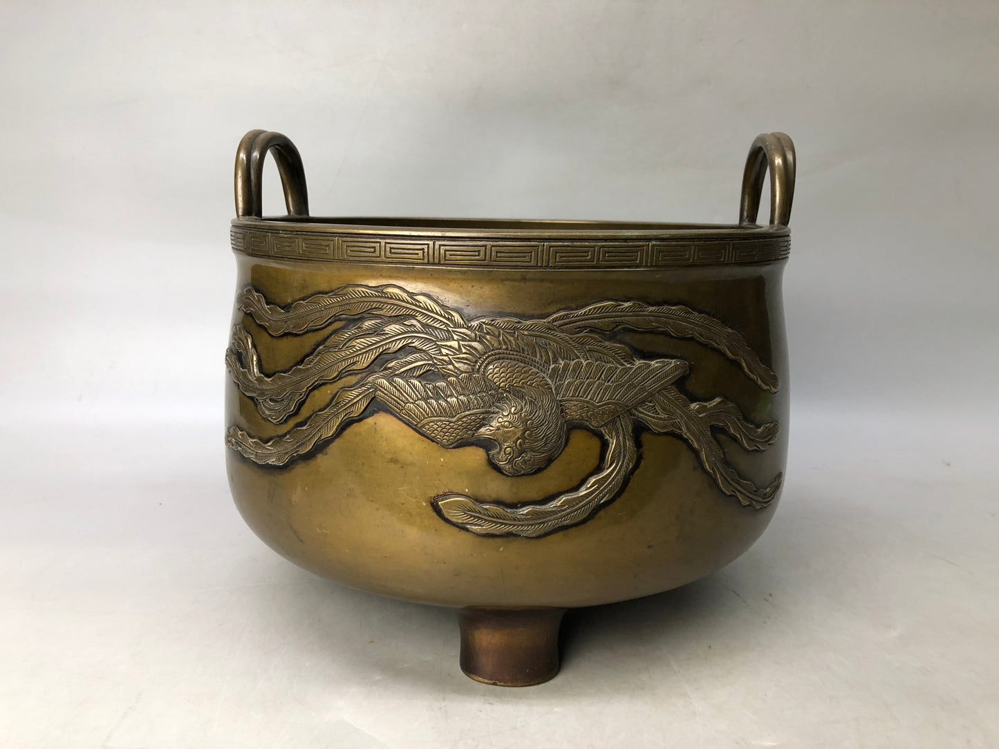 Y8062 HIBACHI Copper charcoal brazier handle Phoenix Japan antique interior