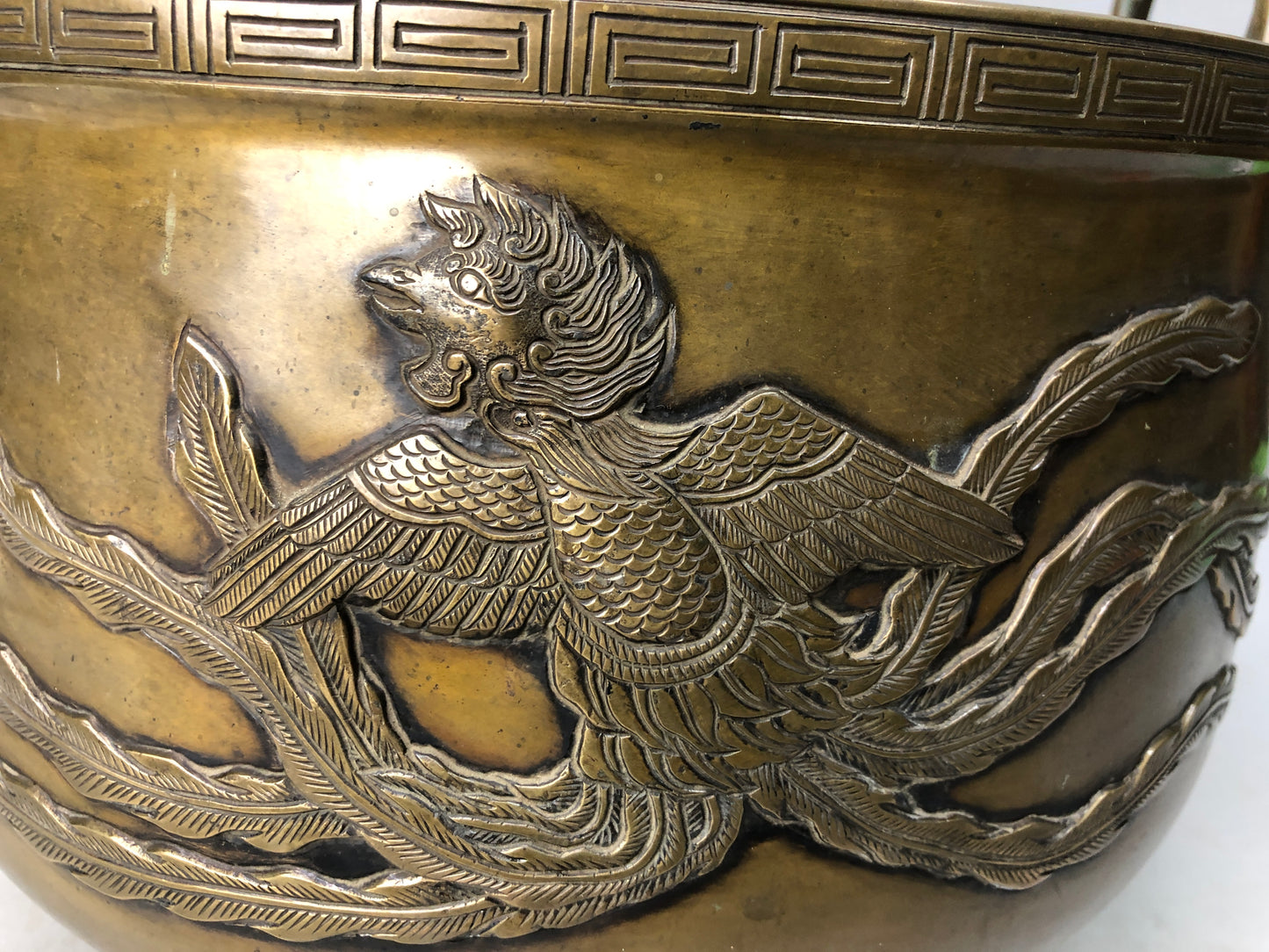 Y8062 HIBACHI Copper charcoal brazier handle Phoenix Japan antique interior