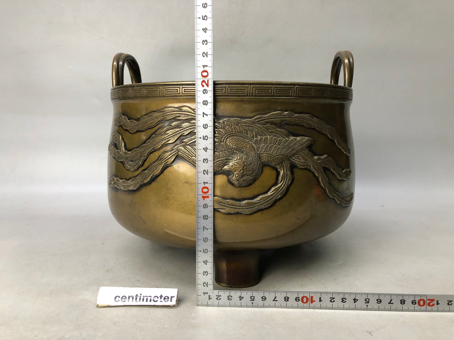 Y8062 HIBACHI Copper charcoal brazier handle Phoenix Japan antique interior