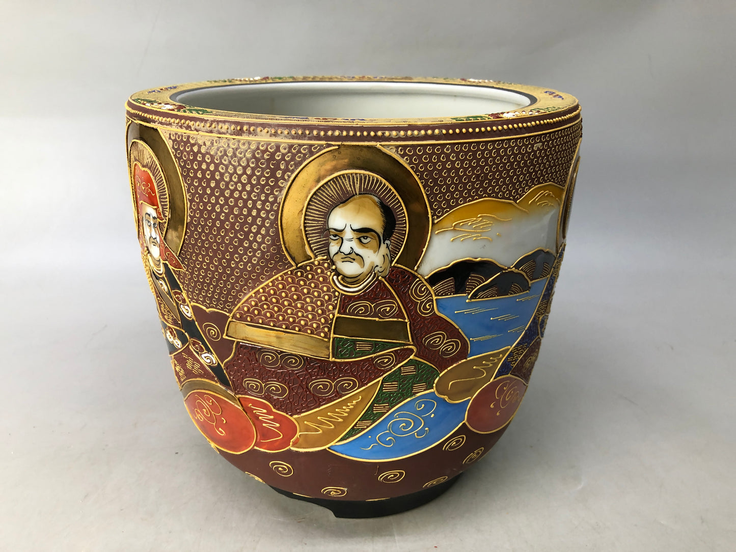 Y8074 HIBACHI ceramic charcoal brazier color picture person Japan antique decor