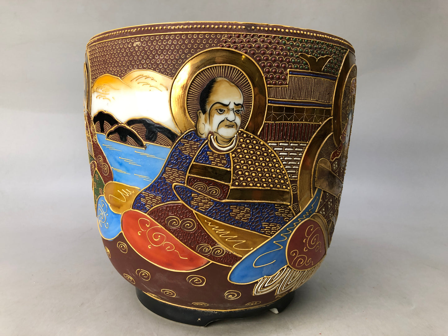 Y8074 HIBACHI ceramic charcoal brazier color picture person Japan antique decor