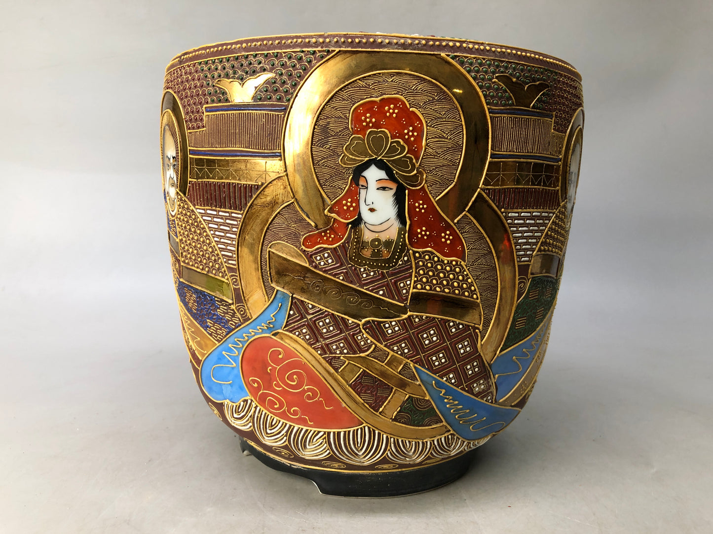 Y8074 HIBACHI ceramic charcoal brazier color picture person Japan antique decor