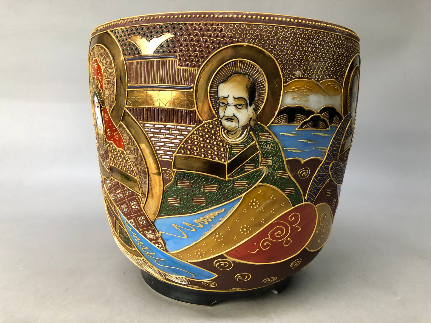 Y8074 HIBACHI ceramic charcoal brazier color picture person Japan antique decor