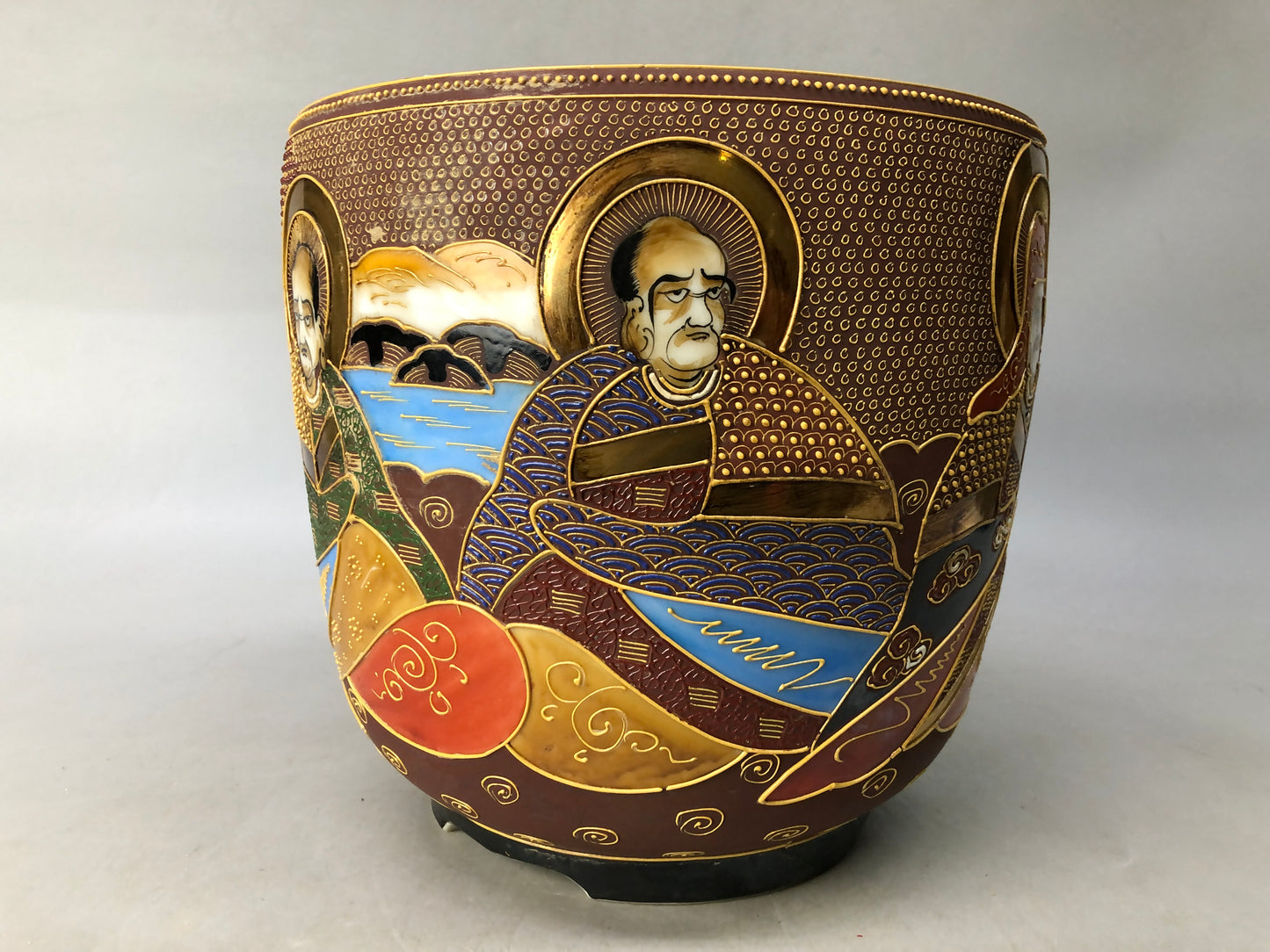 Y8074 HIBACHI ceramic charcoal brazier color picture person Japan antique decor