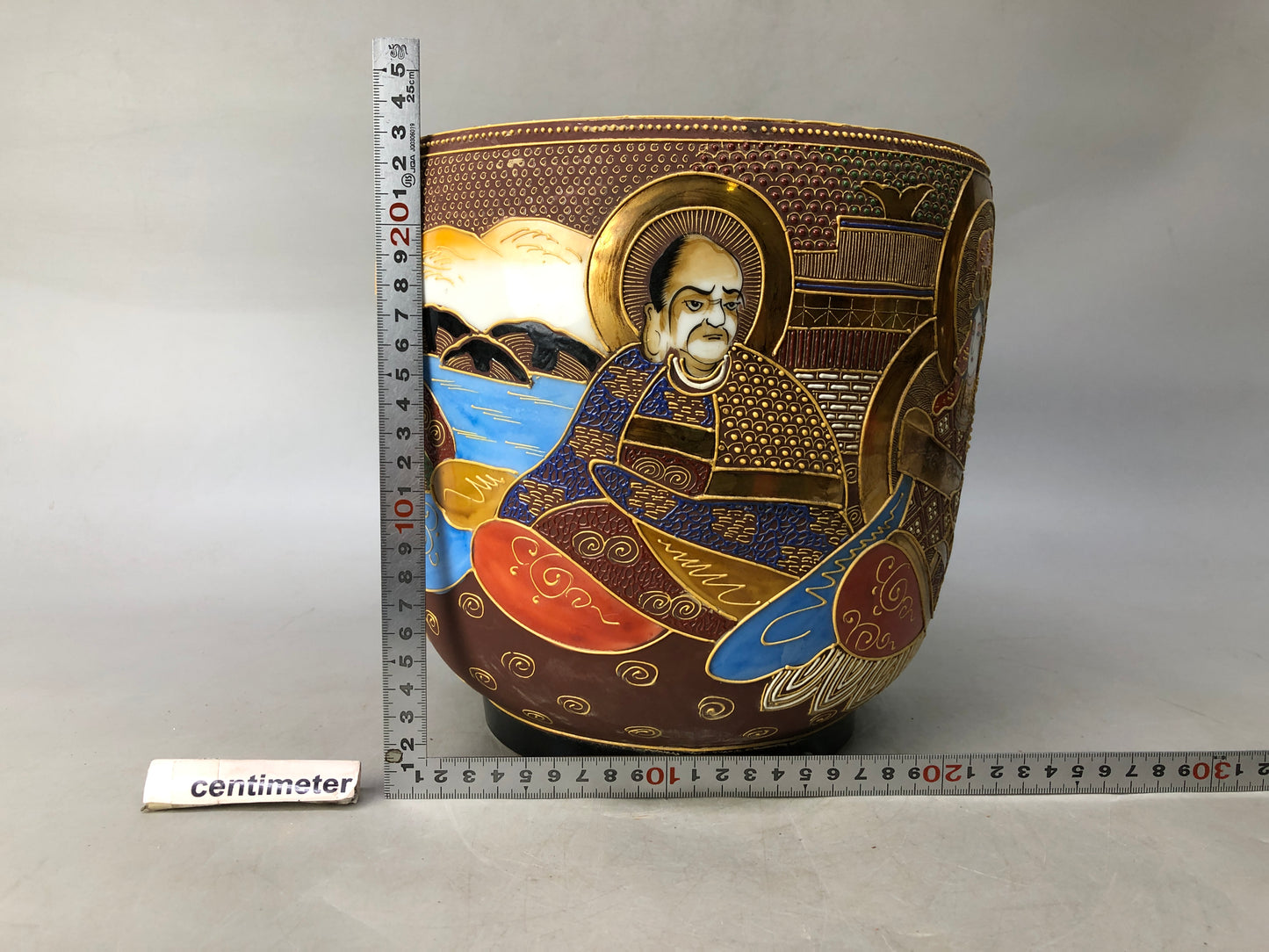 Y8074 HIBACHI ceramic charcoal brazier color picture person Japan antique decor