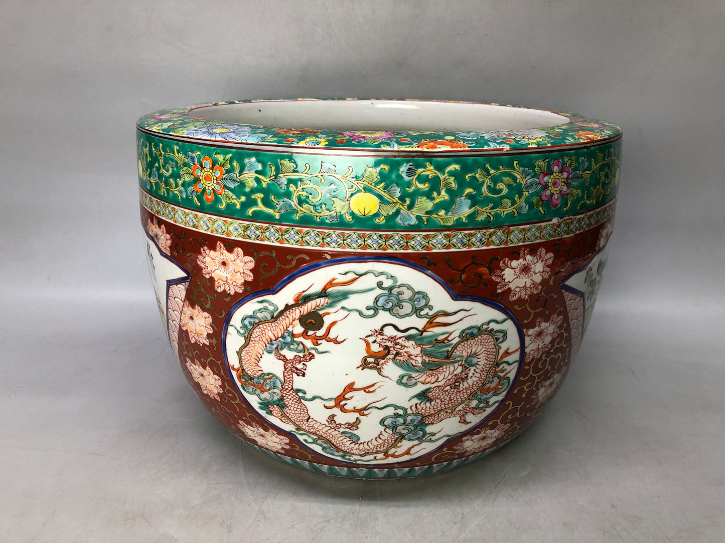 Y8091 HIBACHI Ko-Imari charcoal brazier color red picture Dragon Japan antique