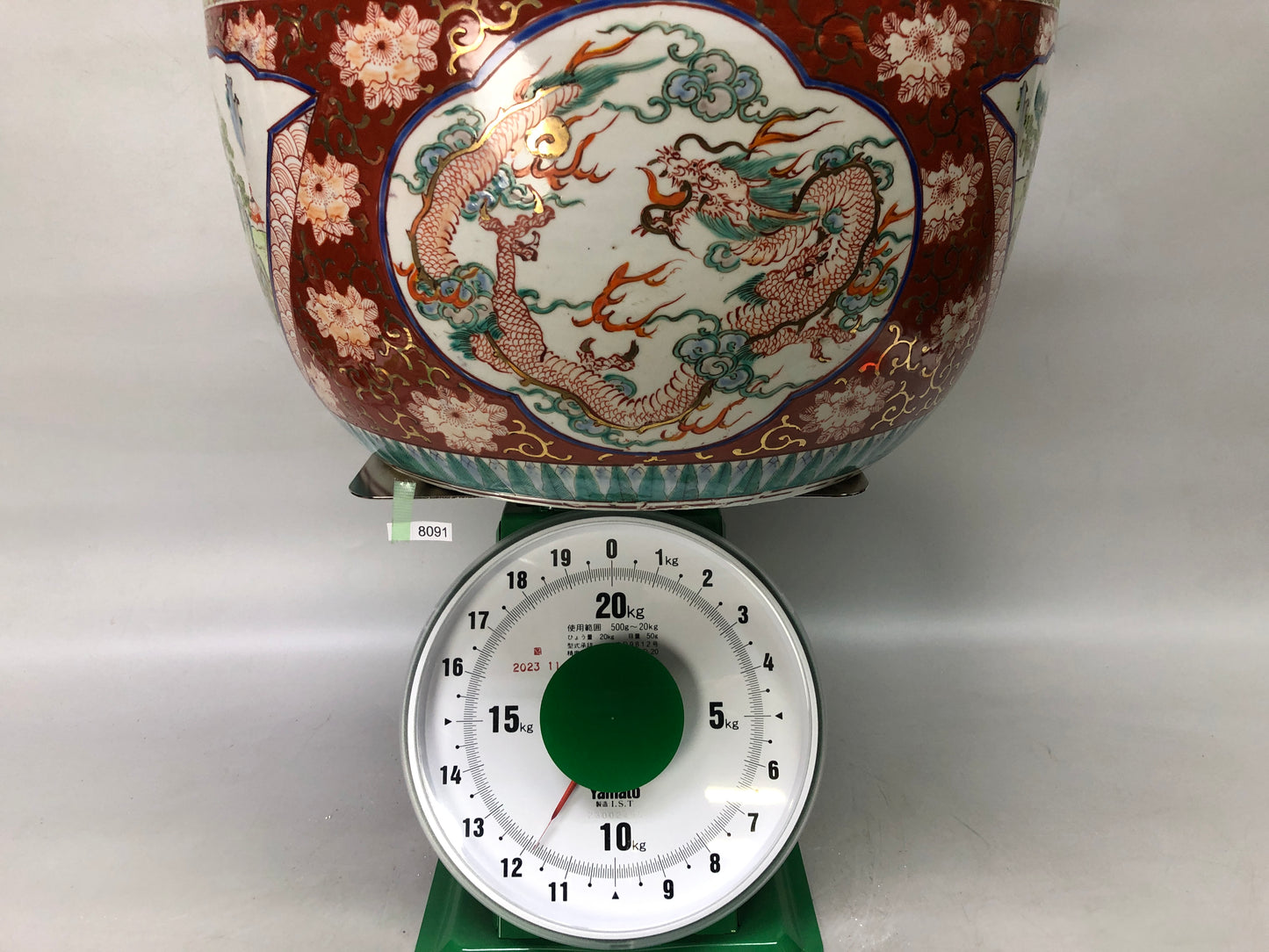 Y8091 HIBACHI Ko-Imari charcoal brazier color red picture Dragon Japan antique
