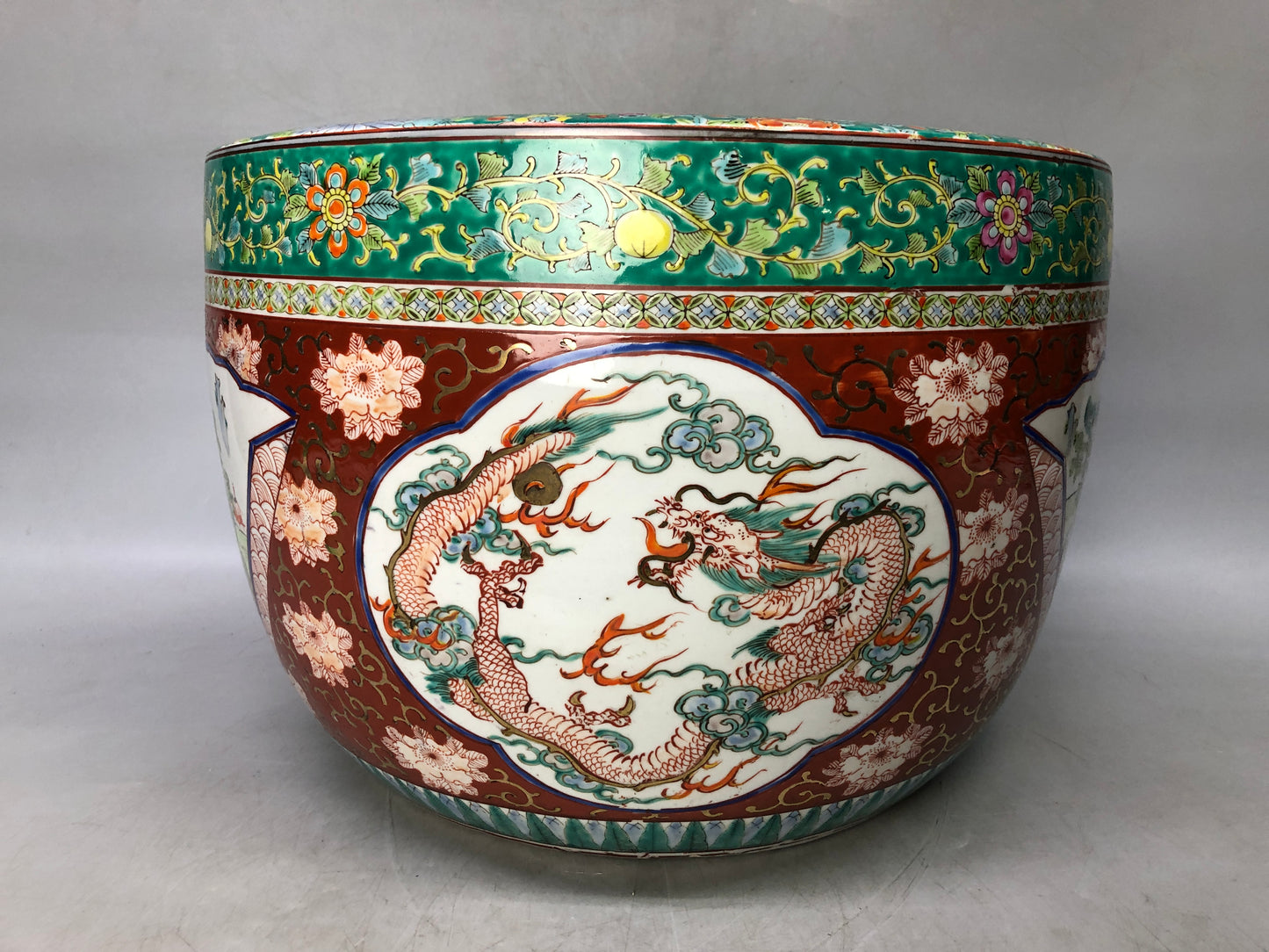 Y8091 HIBACHI Ko-Imari charcoal brazier color red picture Dragon Japan antique