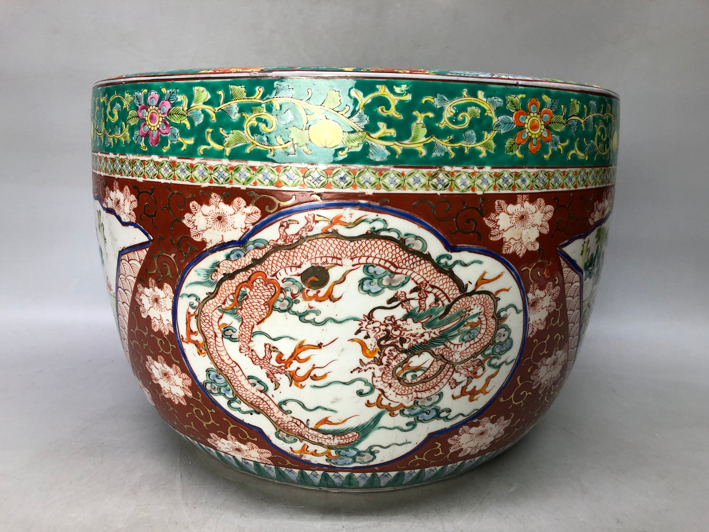 Y8091 HIBACHI Ko-Imari charcoal brazier color red picture Dragon Japan antique