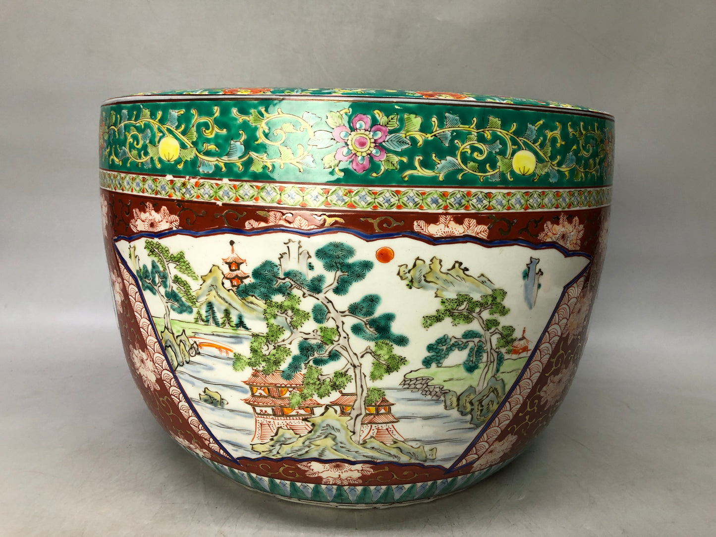 Y8091 HIBACHI Ko-Imari charcoal brazier color red picture Dragon Japan antique