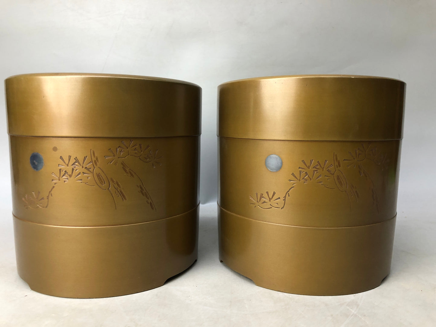 Y8138 HIBACHI Copper summer brazier pair Inlay engraving box Japan antique decor