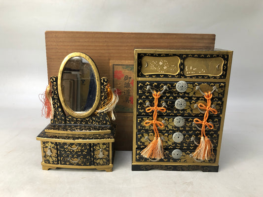 Y8148 HINA DOLL Doll's Festival Makie miniature Mirror Chest box Japan antique