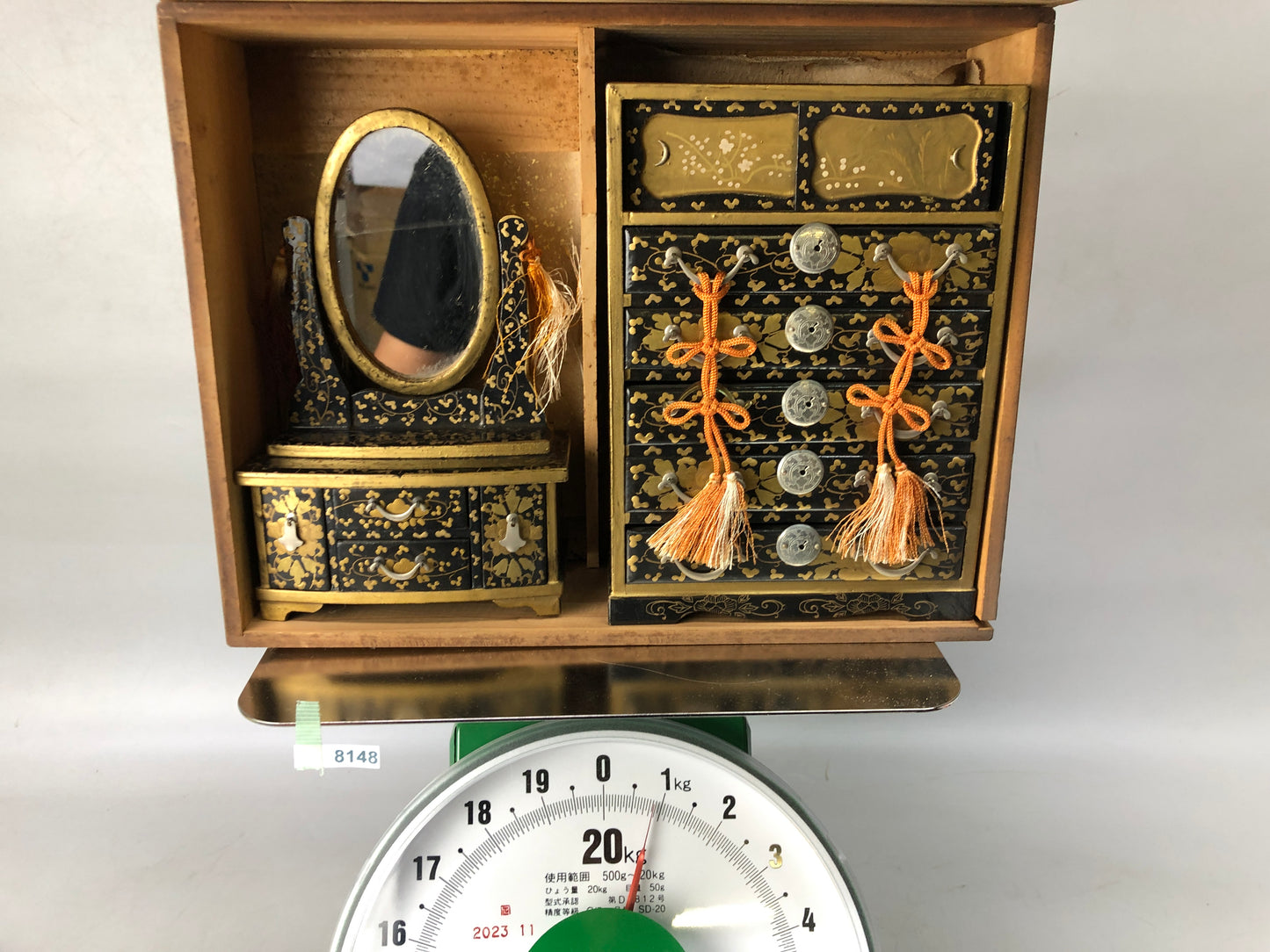 Y8148 HINA DOLL Doll's Festival Makie miniature Mirror Chest box Japan antique