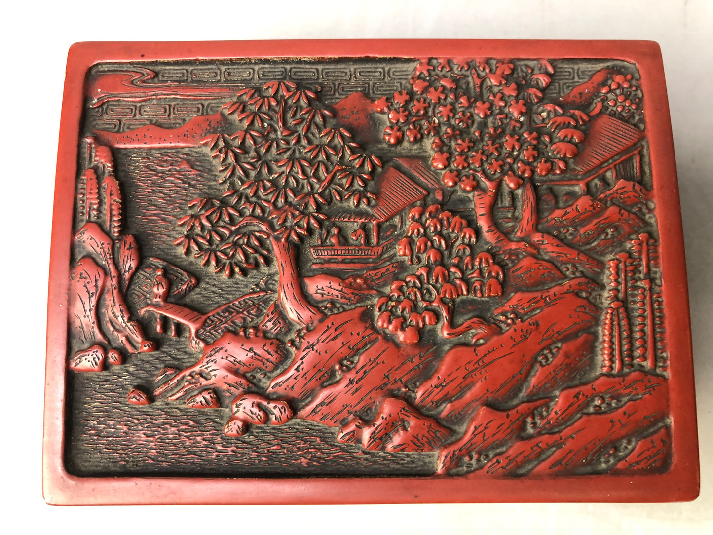 Y8174 BOX Tsuishu red lacquer Accessory case stand Japan antique container