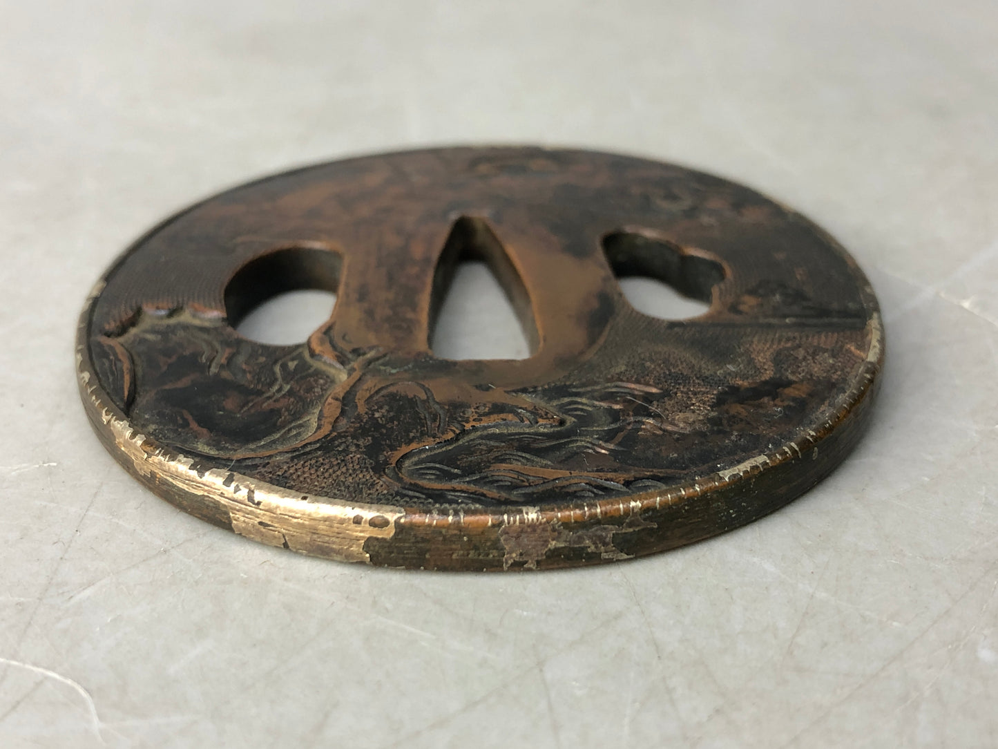 Y8322 TSUBA Copper sword guard engraving Japan samurai katana koshirae edo bus